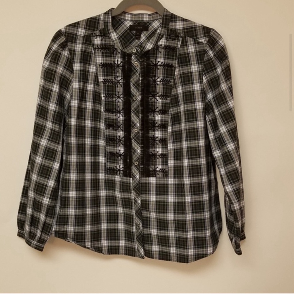 NWOT J Crew Green Tartan Plaid beaded Blouse ☘️